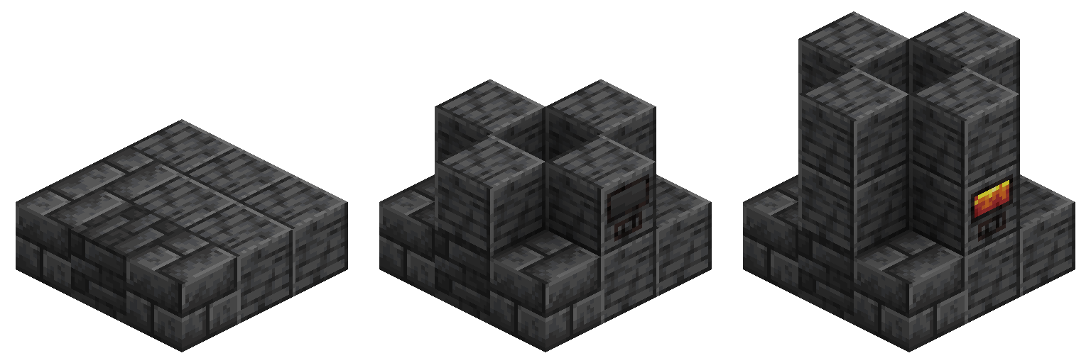 an image showing how to construct an Alloy Forge in 3 steps. Layer one is a 3x3 base. Layer two is the forge controller block in the front, and one block on each side, leaving the corners and the middle empty. Step three is the same as step two, but with a block instead of a controller