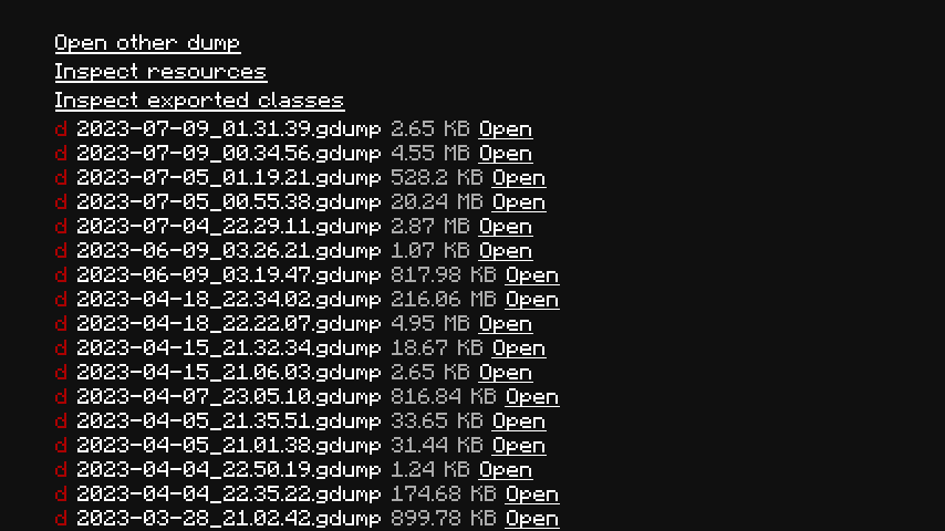 gadget screen with a bunch of dumps listed